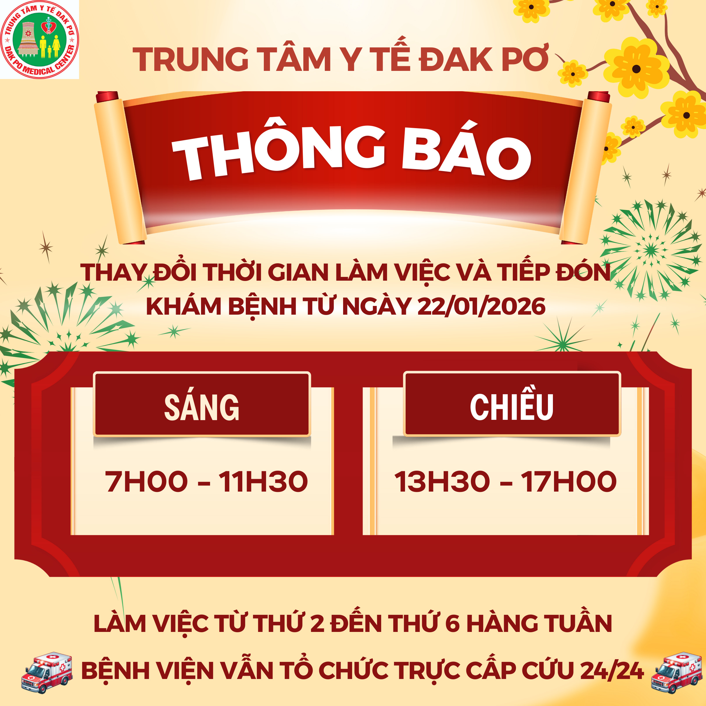 TTYT ĐAK PƠ THÔNG BÁO THAY ĐỔI THỜI GIAN LÀM VIỆC VÀ TIẾP ĐÓN KHÁM BỆNH